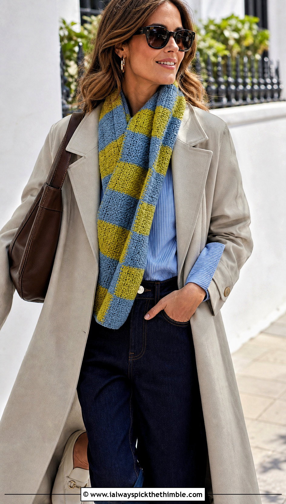 Checkerboard Patchwork Crochet Scarf With Trench Coat - 15 Patchwork Crochet Scarf outfit ideas