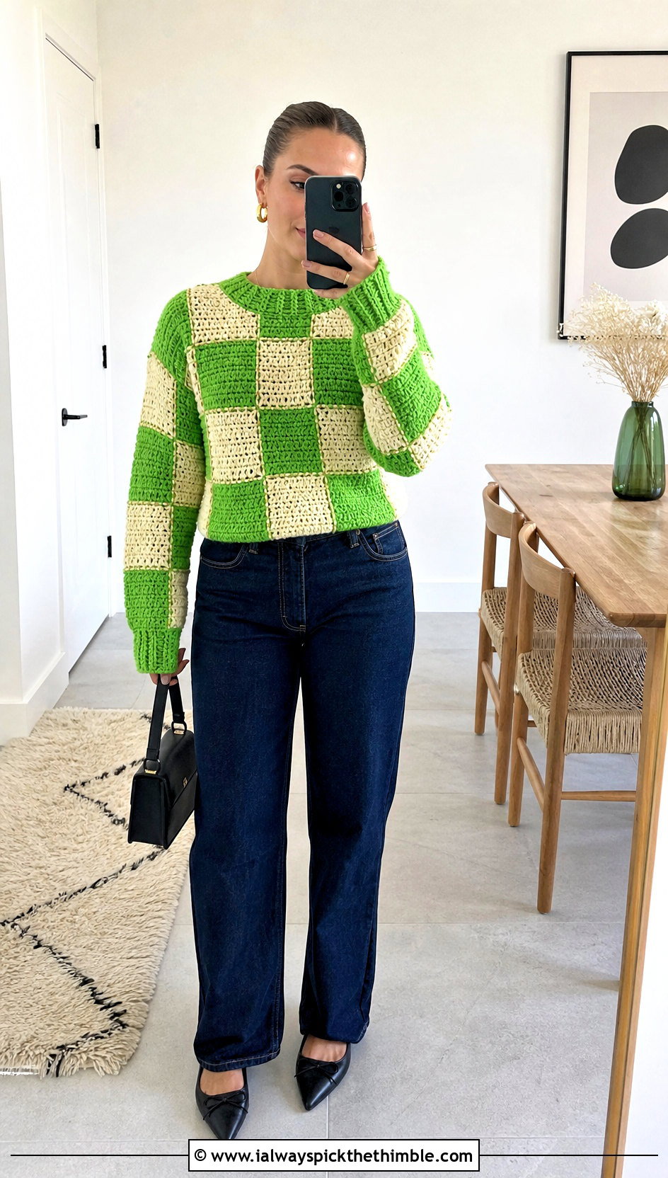 Checkerboard Patchwork Crochet Sweater With Straight Jeans - 15 Customizable Crochet Sweater Design outfit ideas