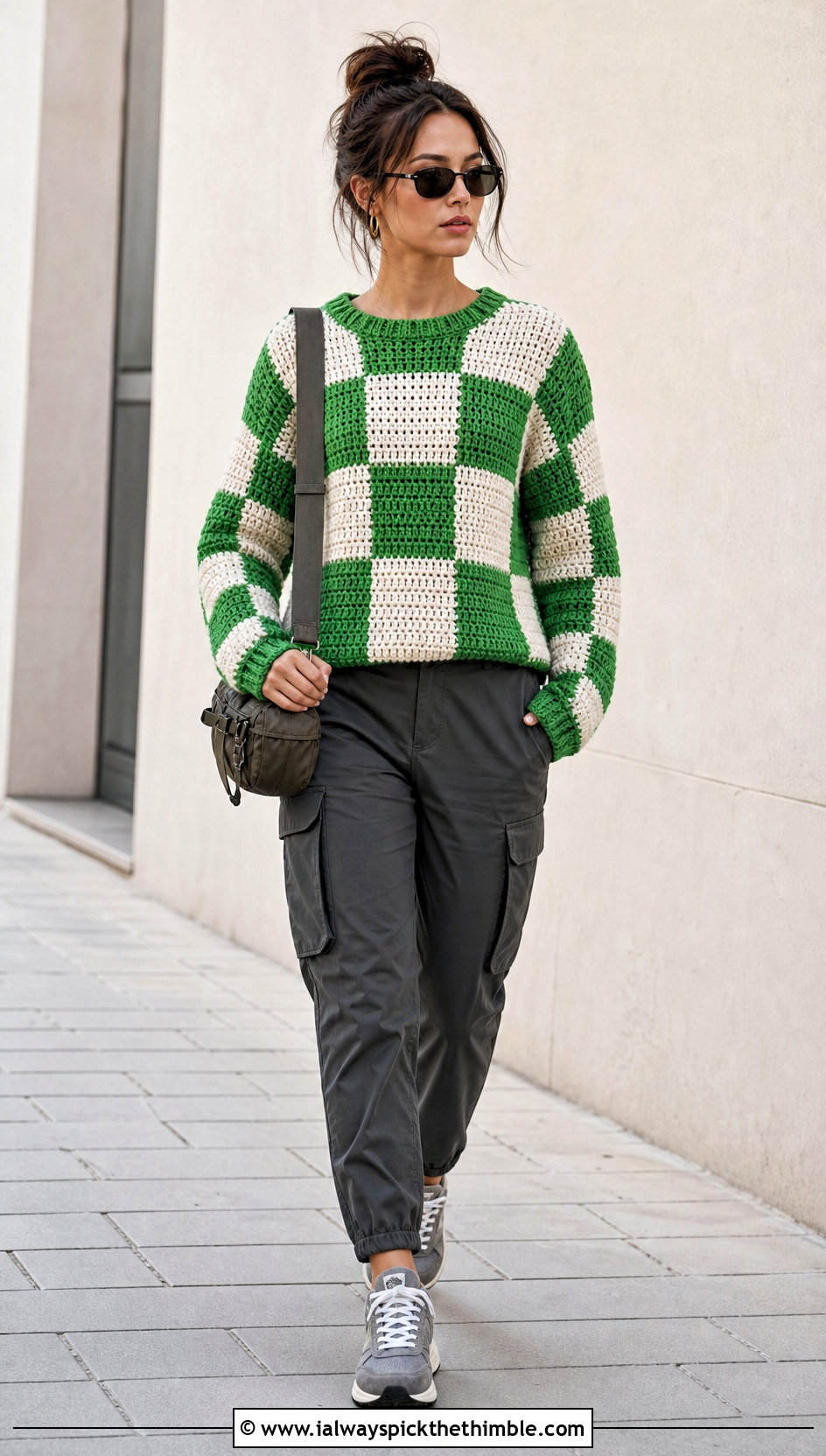 Checkerboard Patchwork Sweater With Cargo Pants - 20 crochet patchwork sweater outfit ideas