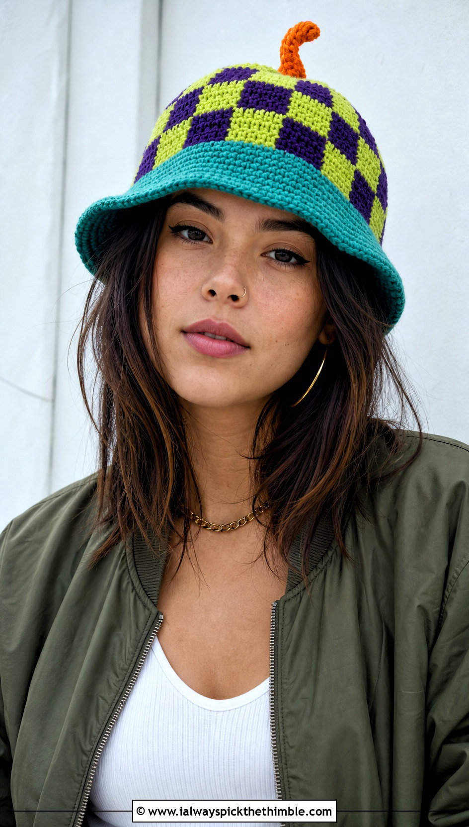 Checkerboard Pumpkin Bucket Hat With Bomber Jacket - 20 crochet pumpkin bucket hat outfit ideas