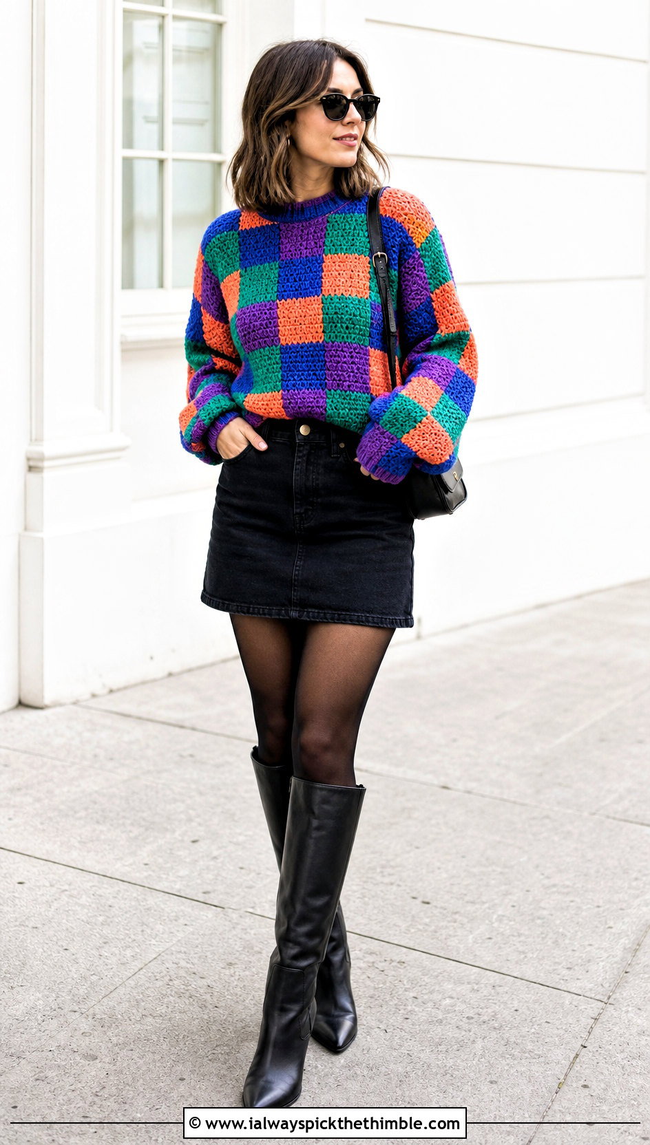Checkerboard Rainbow Crochet Sweater With Mini Skirt - 20 Rainbow Crochet Sweater outfit ideas