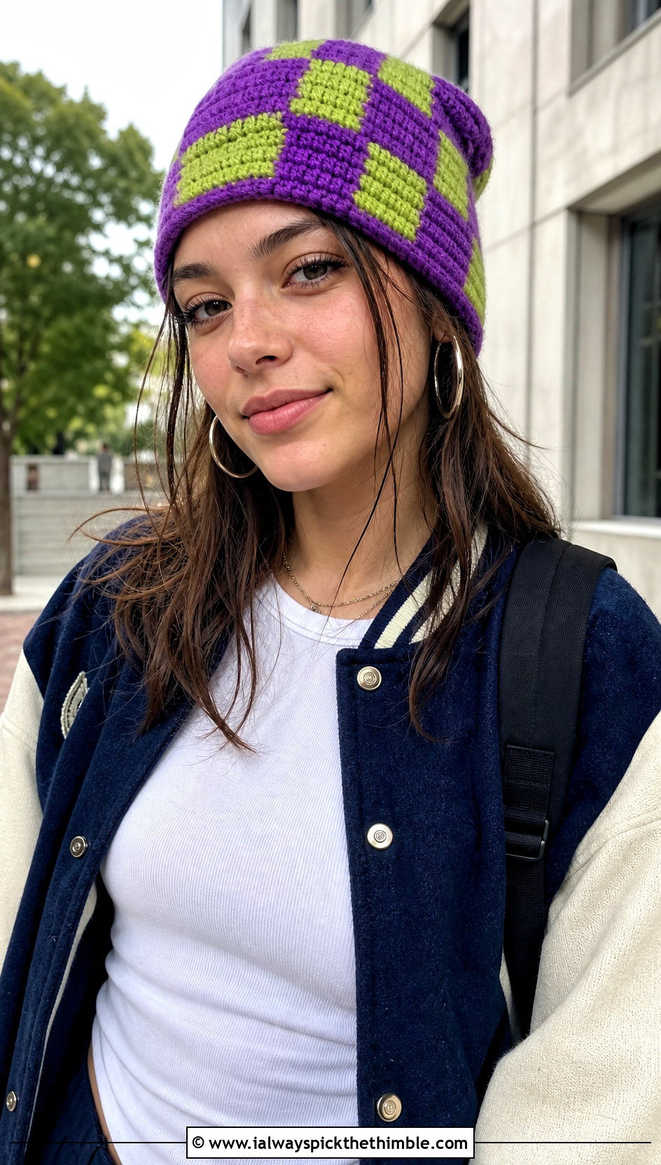 Checkerboard Rasta Beanie With Varsity Jacket - 20 crochet rasta beanie outfit ideas