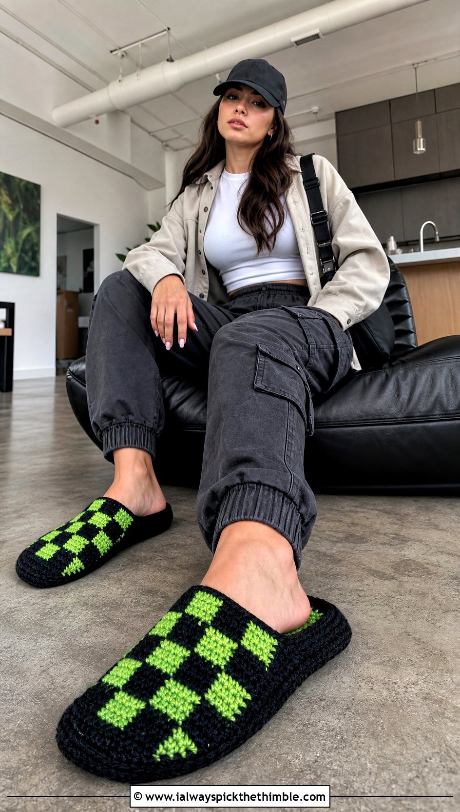 Checkerboard Rectangle Crochet Slippers With Streetwear Layers - 20 Easy Crochet Slippers From A Rectangle outfit ideas