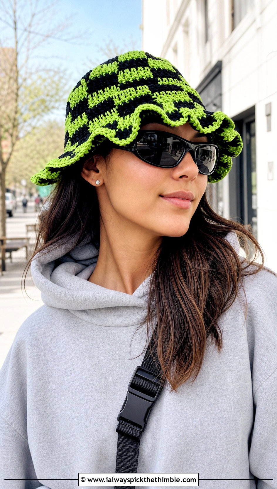 Checkerboard Ruffled Crochet Bucket Hat With Hoodie And Biker Shorts - 20 ruffled crochet bucket hat outfit ideas