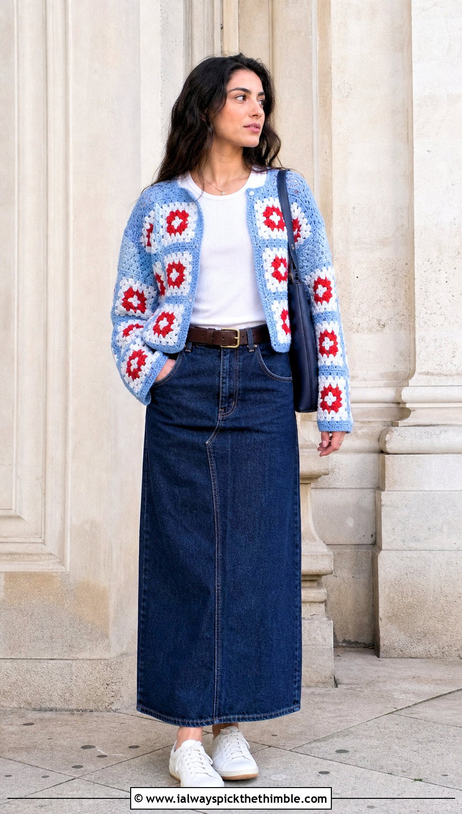 Checkerboard Scrap Cardigan With Denim Maxi Skirt - 15 Crochet Scrap Cardigan outfit ideas