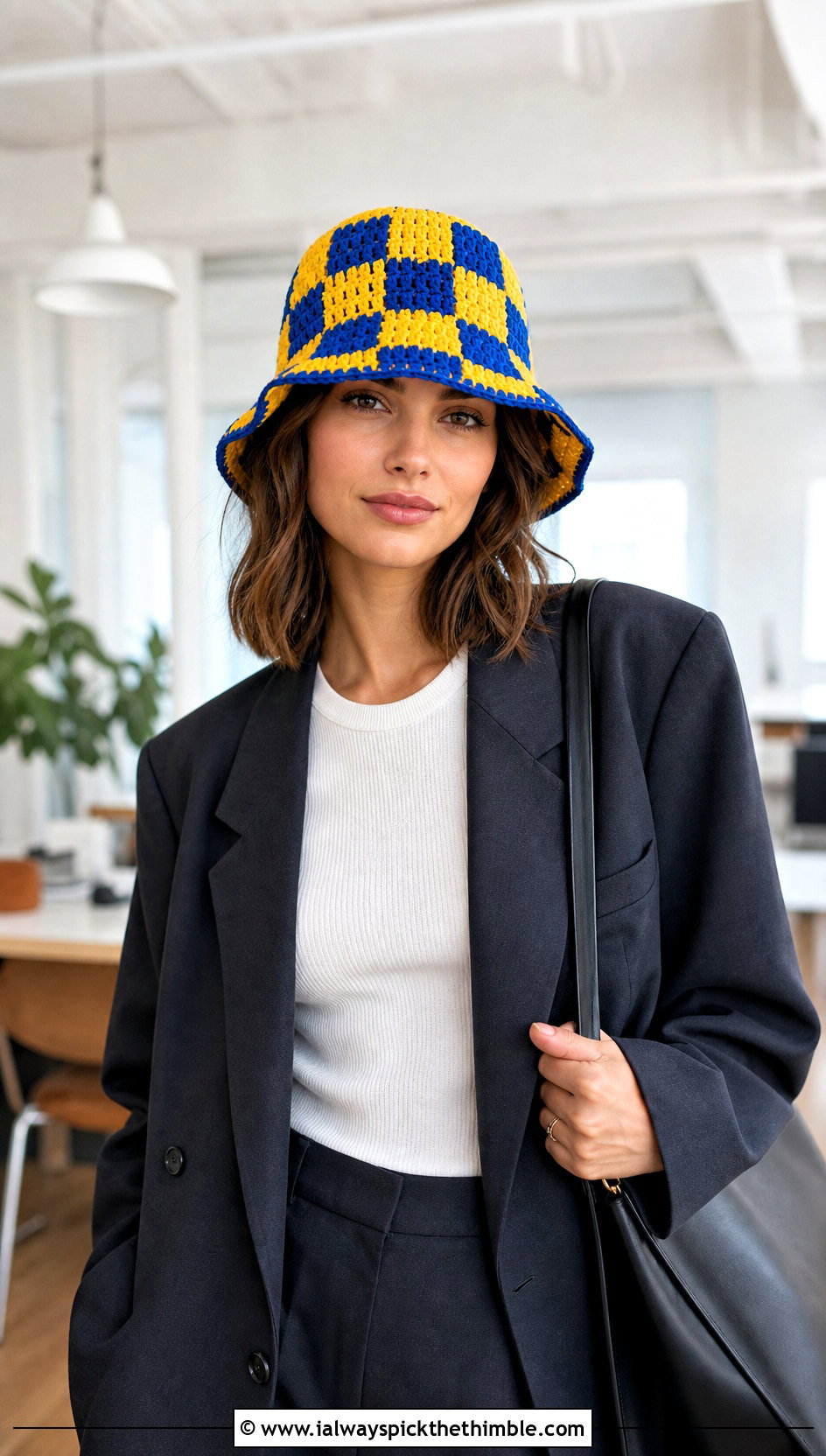 Checkerboard Scrap Crochet Bucket Hat With Blazer And Trousers - 15 Scrap Happy Crochet Bucket Hat outfit ideas