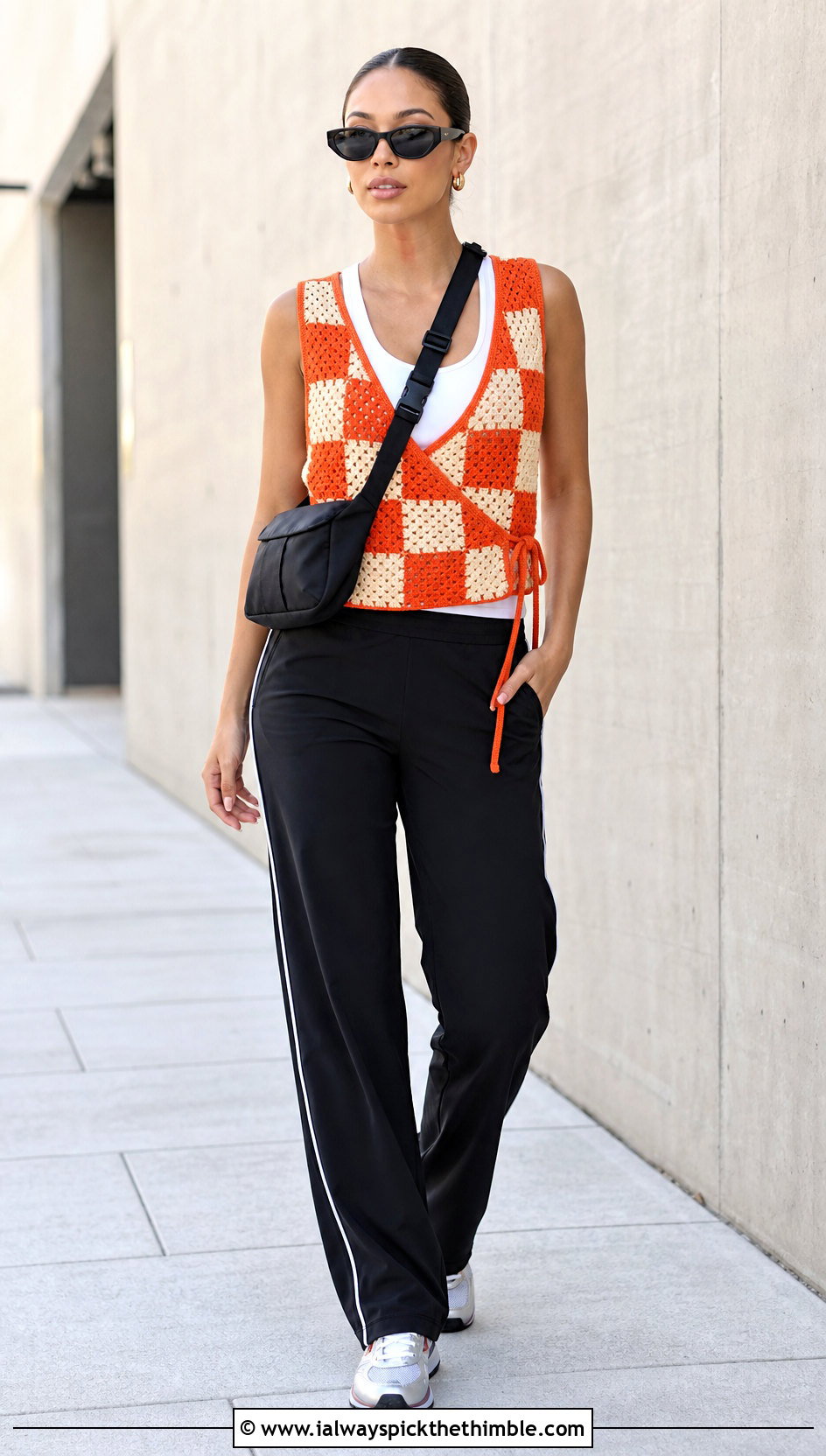 Checkerboard Side Tie Crochet Vest With Track Pants - 20 crochet vest tie sides outfit ideas