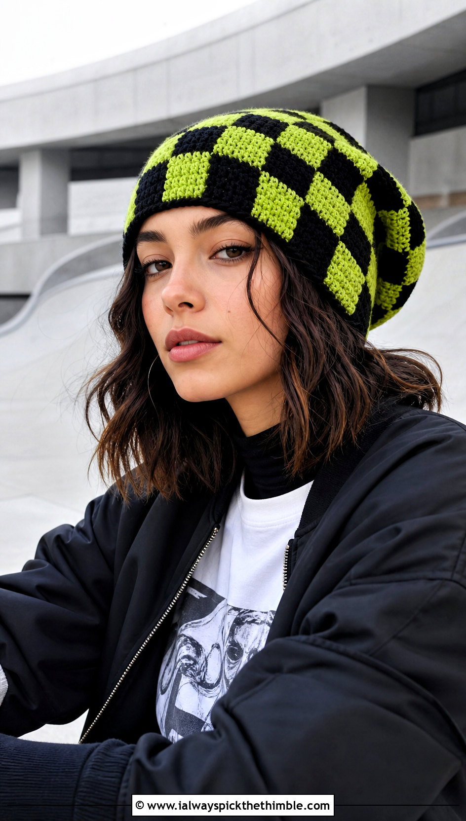 Checkerboard Slouch Crochet Beanie With Streetwear - 20 slouch crochet beanie outfit ideas