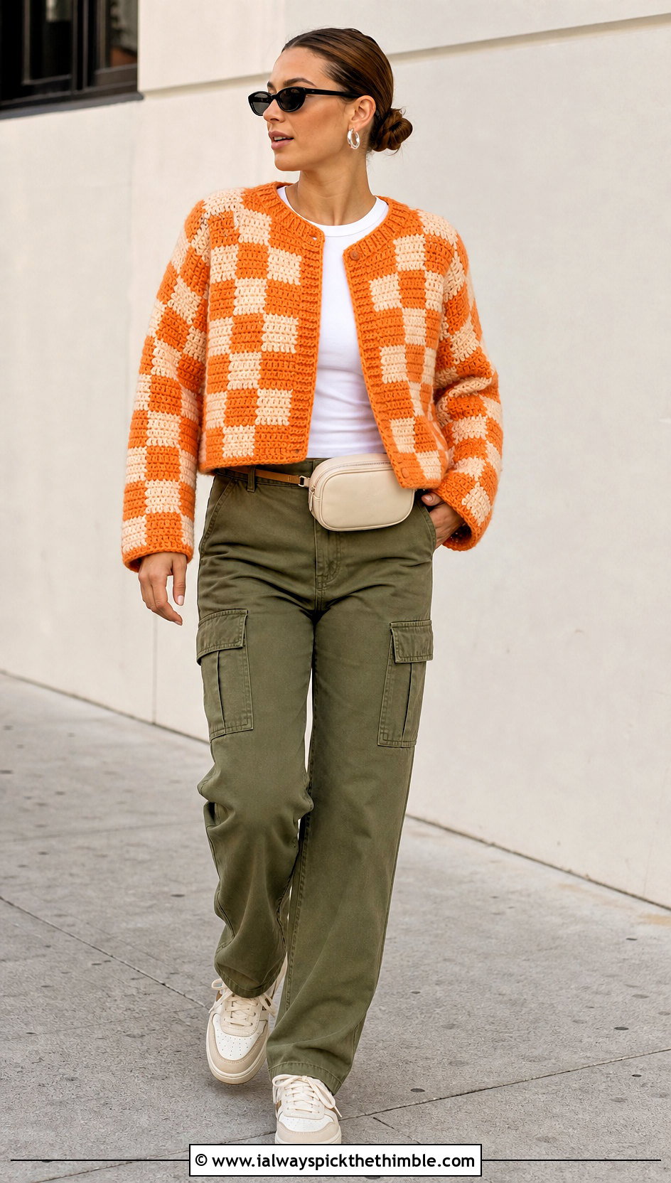 Checkerboard Square Crochet Sweater With Cargo Pants - 20 Square Crochet Sweater outfit ideas