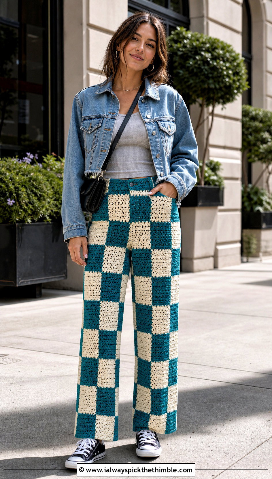 Checkerboard Straight Leg Crochet Patchwork Pants With Denim Jacket - 15 Crochet Patchwork Pants outfit ideas