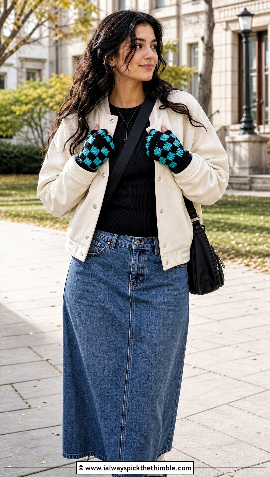 Checkerboard Tabi Crochet Mittens With Varsity Jacket And Denim Maxi Skirt - 20 Tabi Crochet Mittens outfit ideas