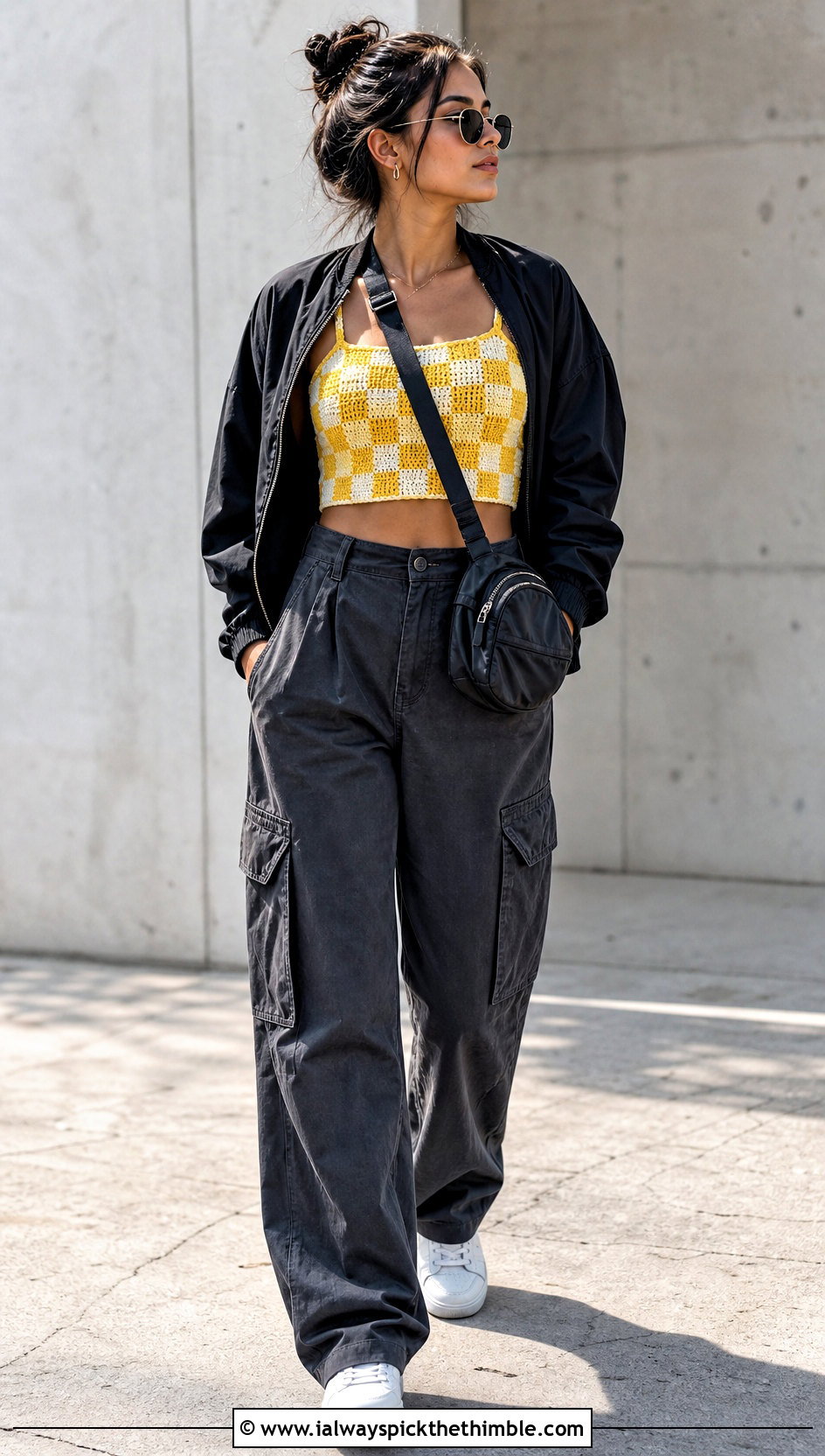 Checkerboard Tapestry Crochet Crop Top With Cargo Pants - 20 crochet tapestry clothes and outfit ideas