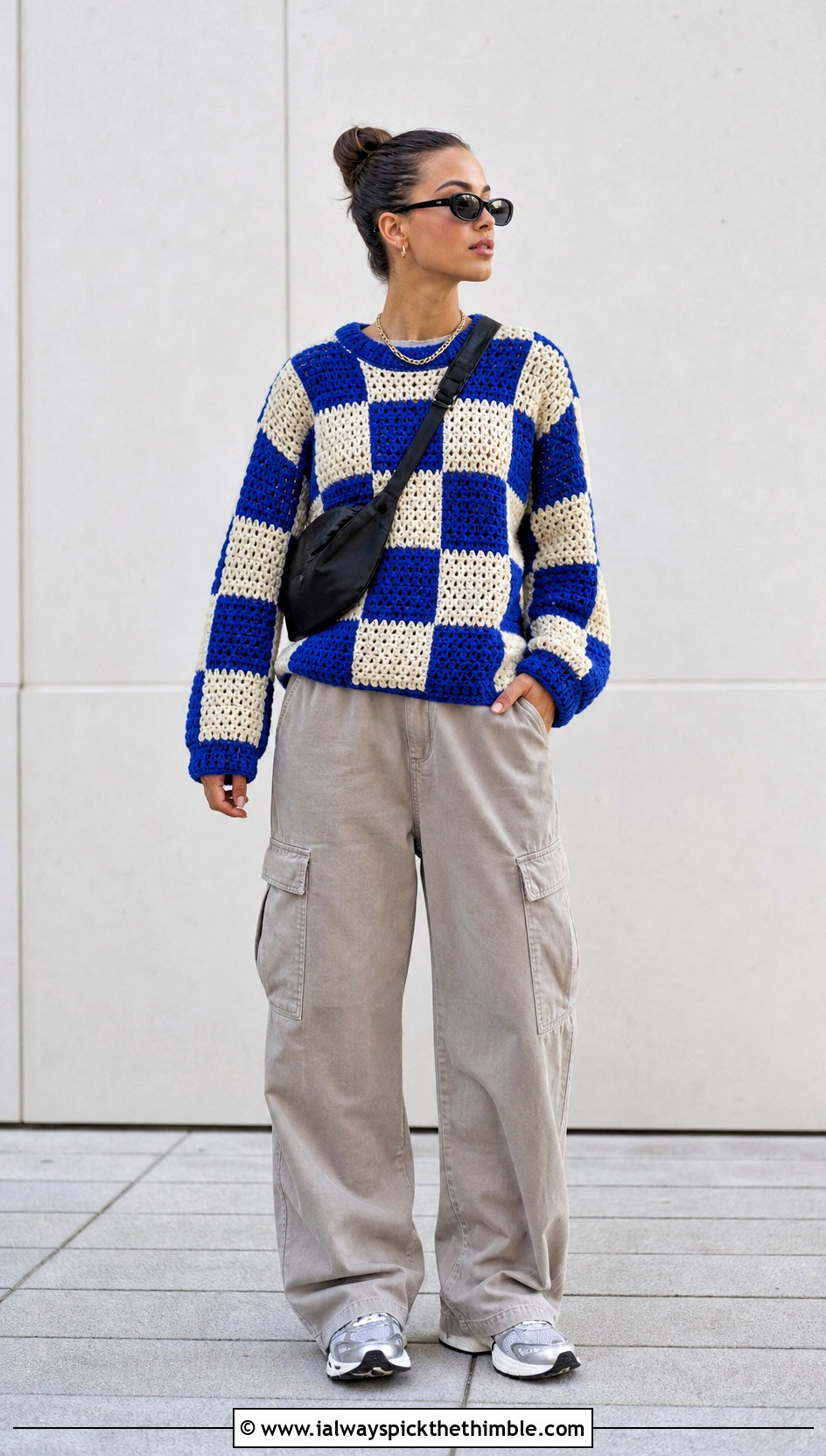 Checkerboard Tapestry Crochet Jumper With Cargo Pants - 20 Tapestry Crochet Jumper outfit ideas