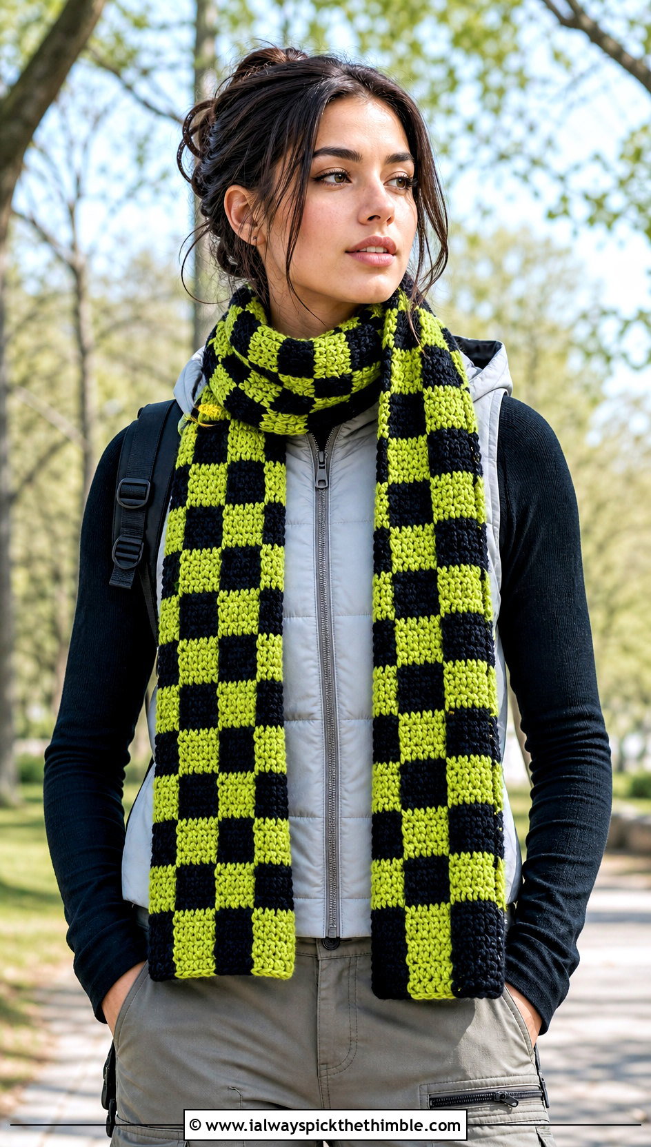 Checkerboard Tapestry Crochet Scarf With Puffer Vest - 25 tapestry crochet scarf outfit ideas