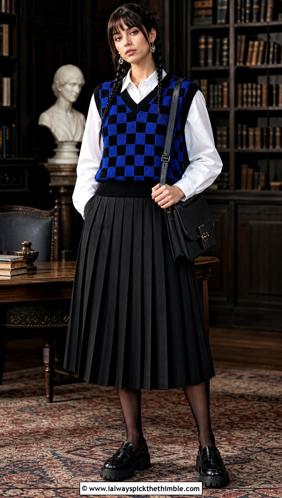 Checkerboard Wednesday Crochet Vest With Pleated Skirt - 20 wednesday crochet vest outfit ideas