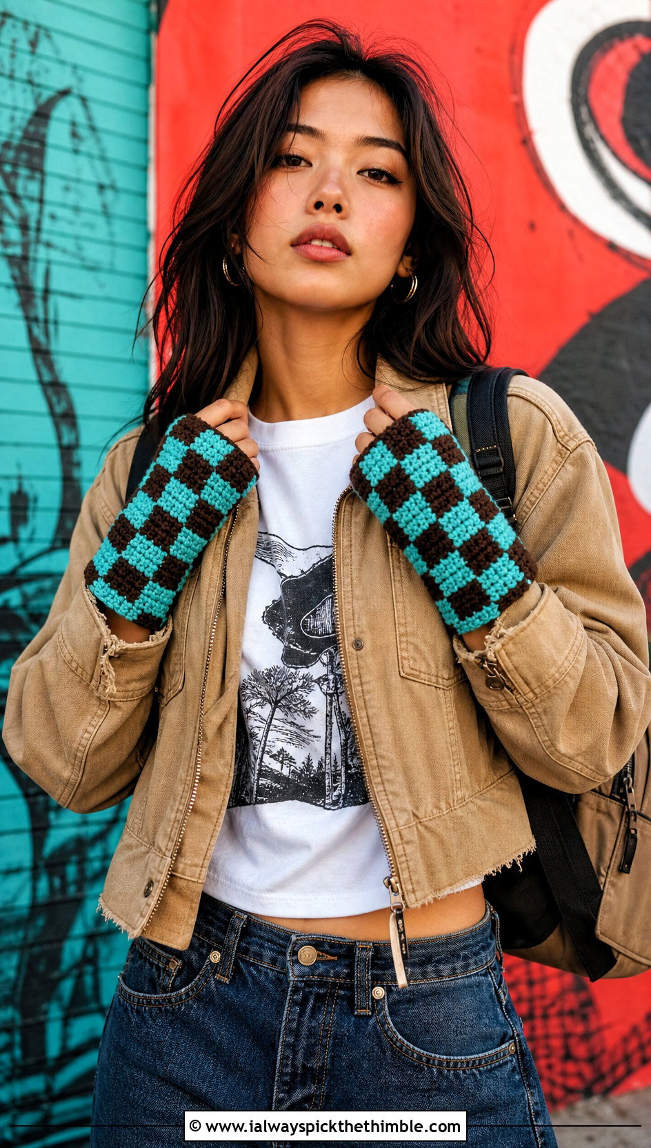 Checkerboard Wrist Warmers With Graphic Tee And Baggy Jeans - 25 crochet wrist warmers outfit ideas