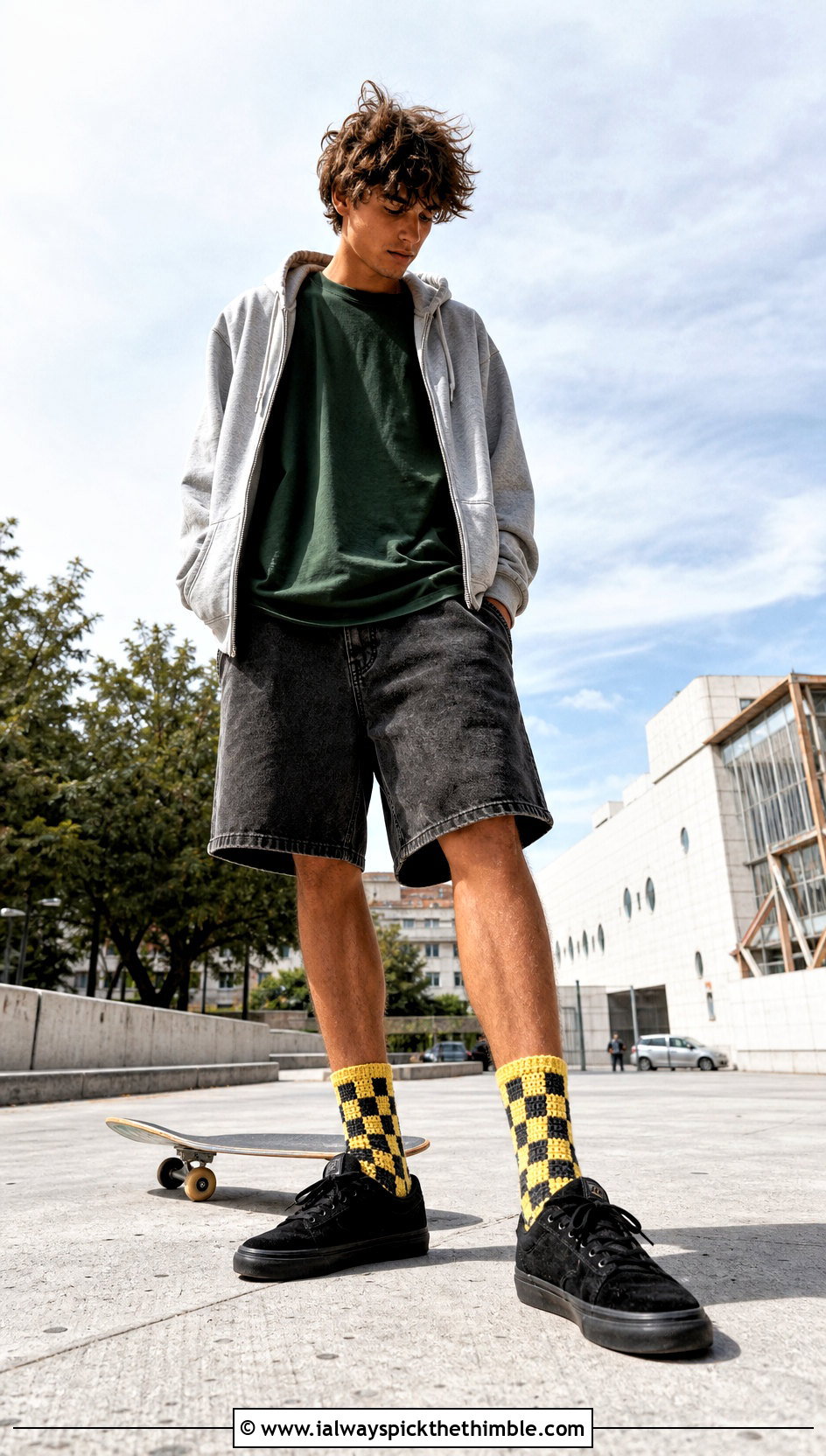 Checkered Crochet Ankle Socks With Jorts - 20 Mens Crochet Socks outfit ideas