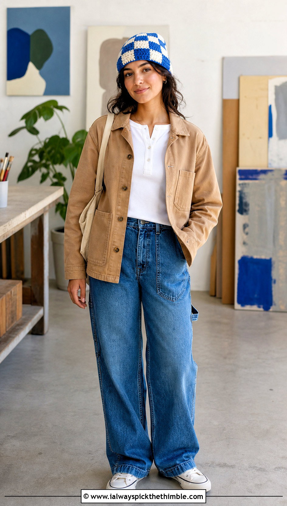 Checkered Crochet Beanie With Chore Jacket And Carpenter Jeans - 25 simple crochet beanie outfit ideas