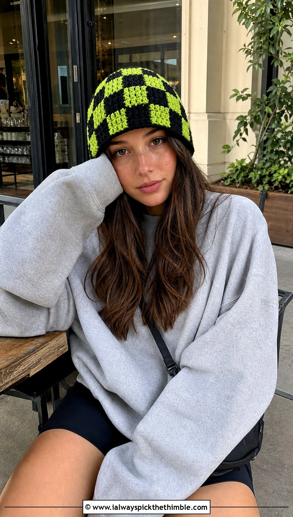 Checkered Crochet Beanie With Sweatshirt And Biker Shorts - 25 crochet beanies outfit ideas