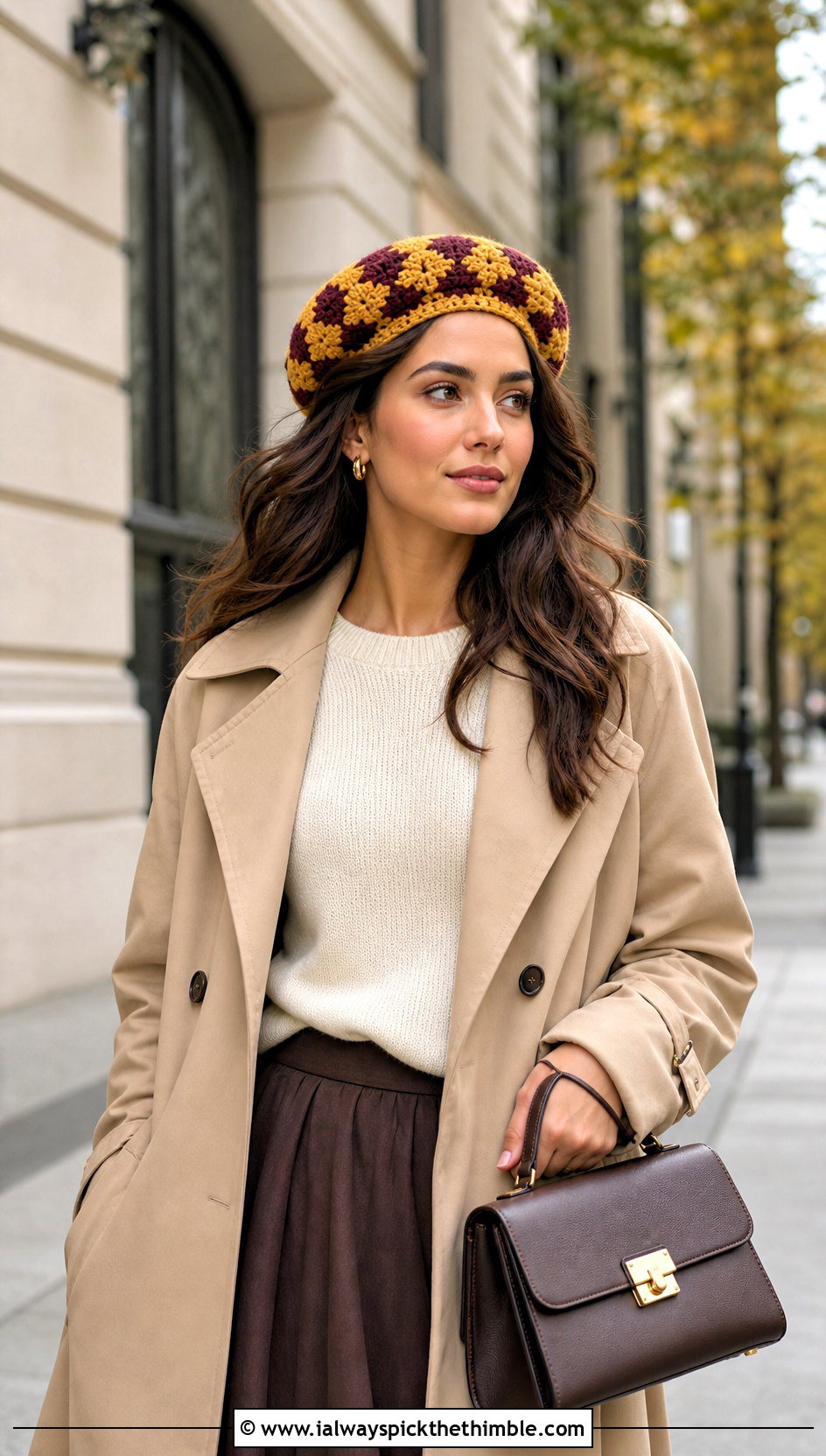 Checkered Crochet Beret With Trench Coat And Midi Skirt - 15 Checkered Crochet Hat outfit ideas
