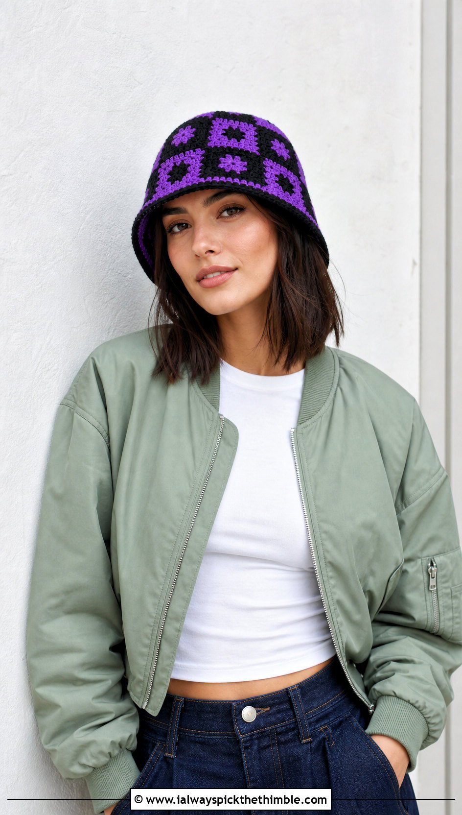 Checkered Crochet Bucket Hat With Bomber Jacket And Wide Leg Jeans - 15 Crochet Beanie Bucket Hat outfit ideas