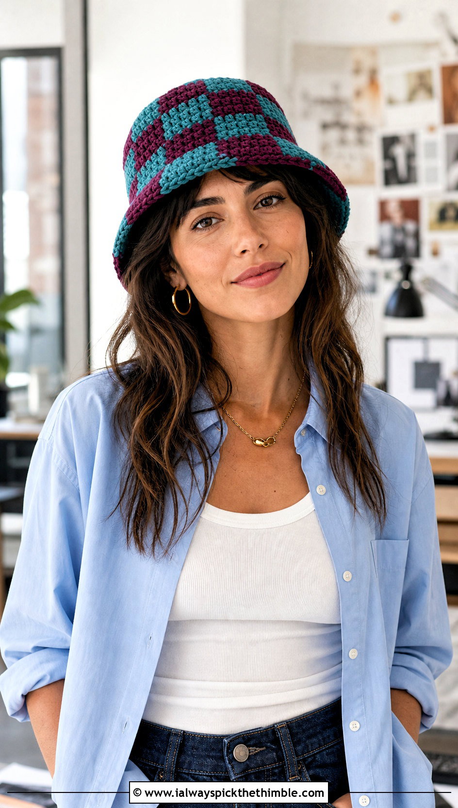 Checkered Crochet Bucket Hat With Button Down Shirt And Jeans - 15 crochet trendy bucket hat outfit ideas