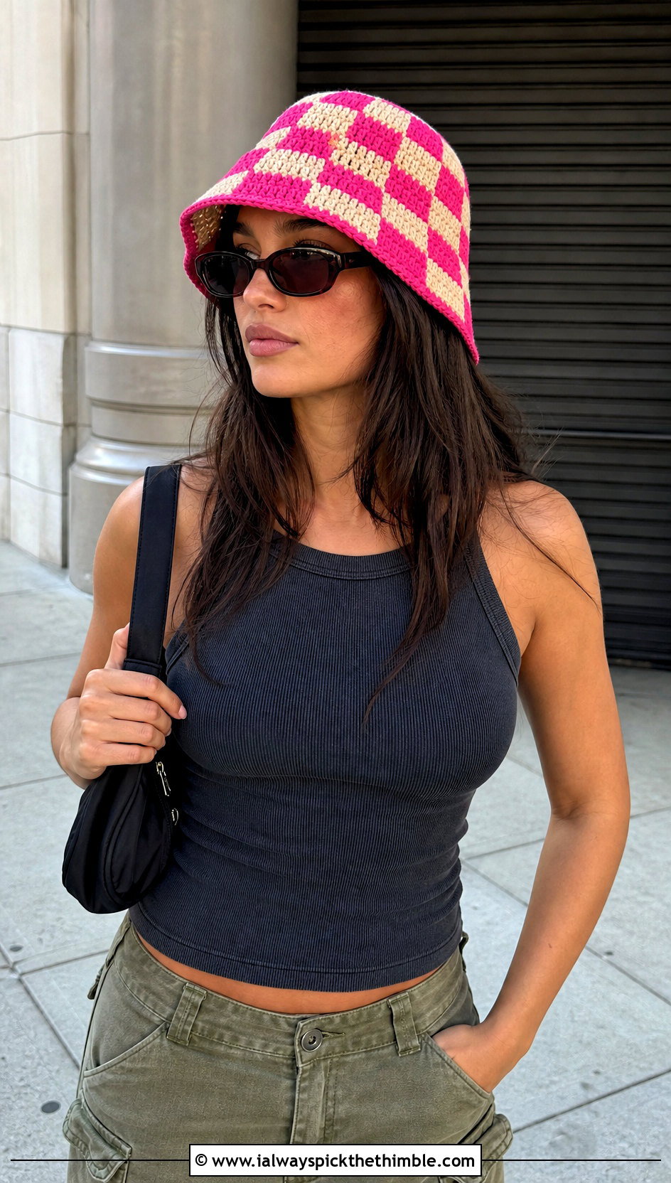Checkered Crochet Bucket Hat With Cargo Pants And Tank Top - 20 easy crochet bucket hat outfit ideas