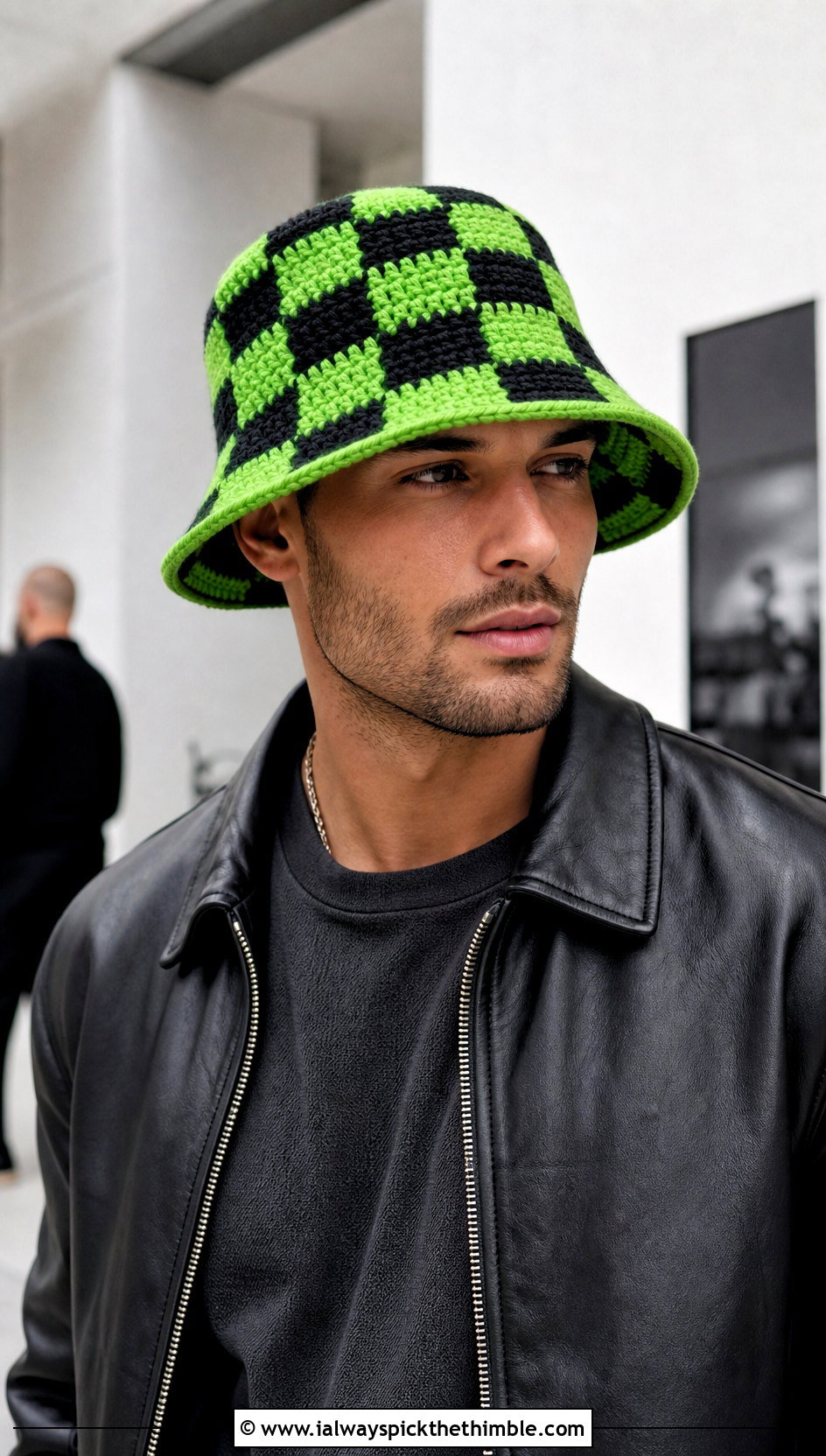 Checkered Crochet Bucket Hat With Leather Jacket And Trousers - 20 crochet bucket hat men outfit ideas