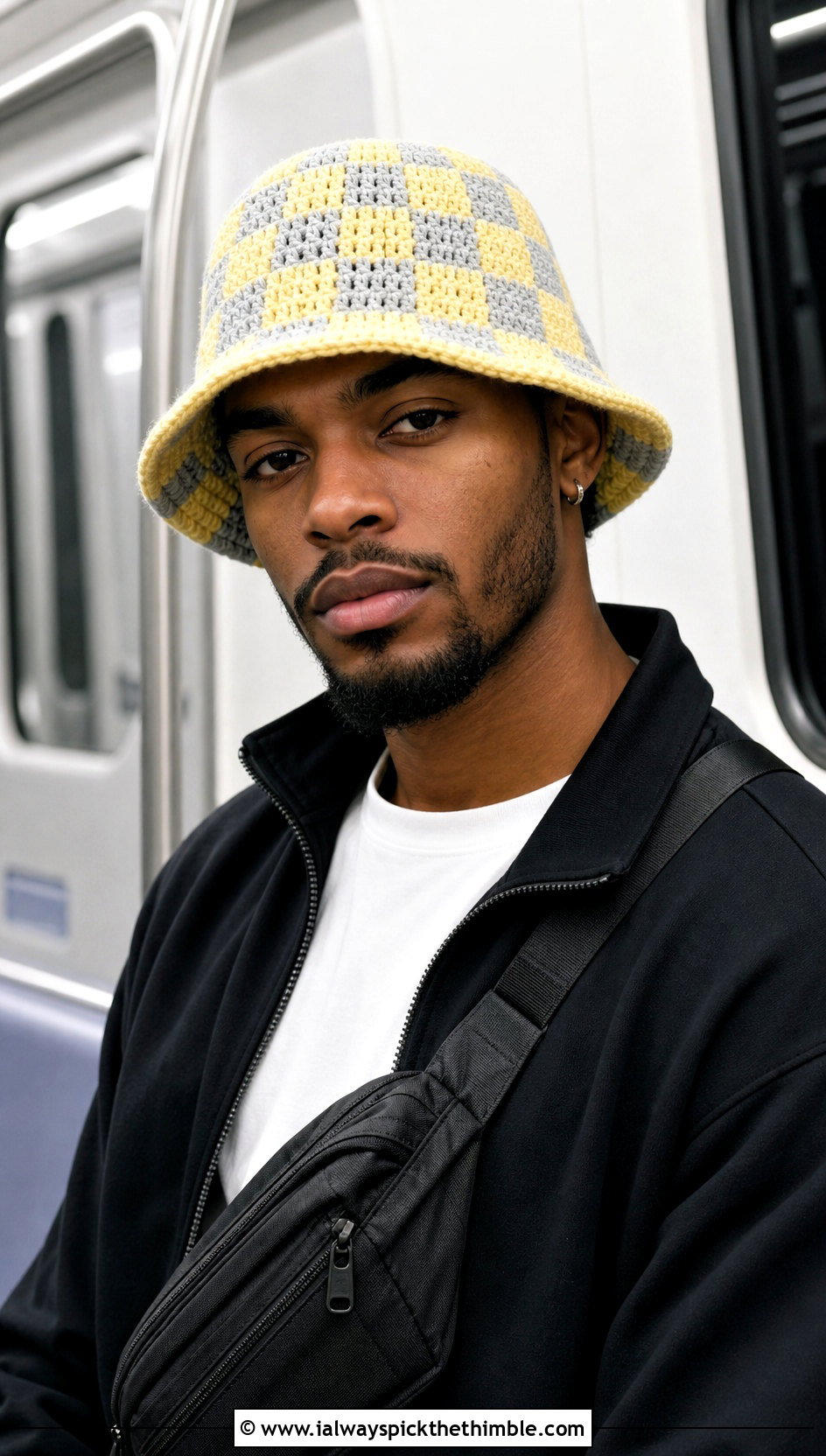 Checkered Crochet Bucket Hat With Track Jacket And Joggers - 15 Crochet Mens Bucket Hat outfit ideas