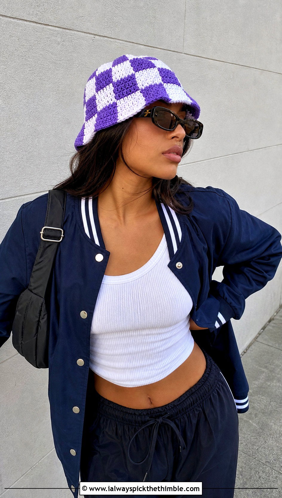 Checkered Crochet Bucket Hat With Varsity Jacket And Cargo Pants - 20 Easy Crochet Bucket Hats outfit ideas