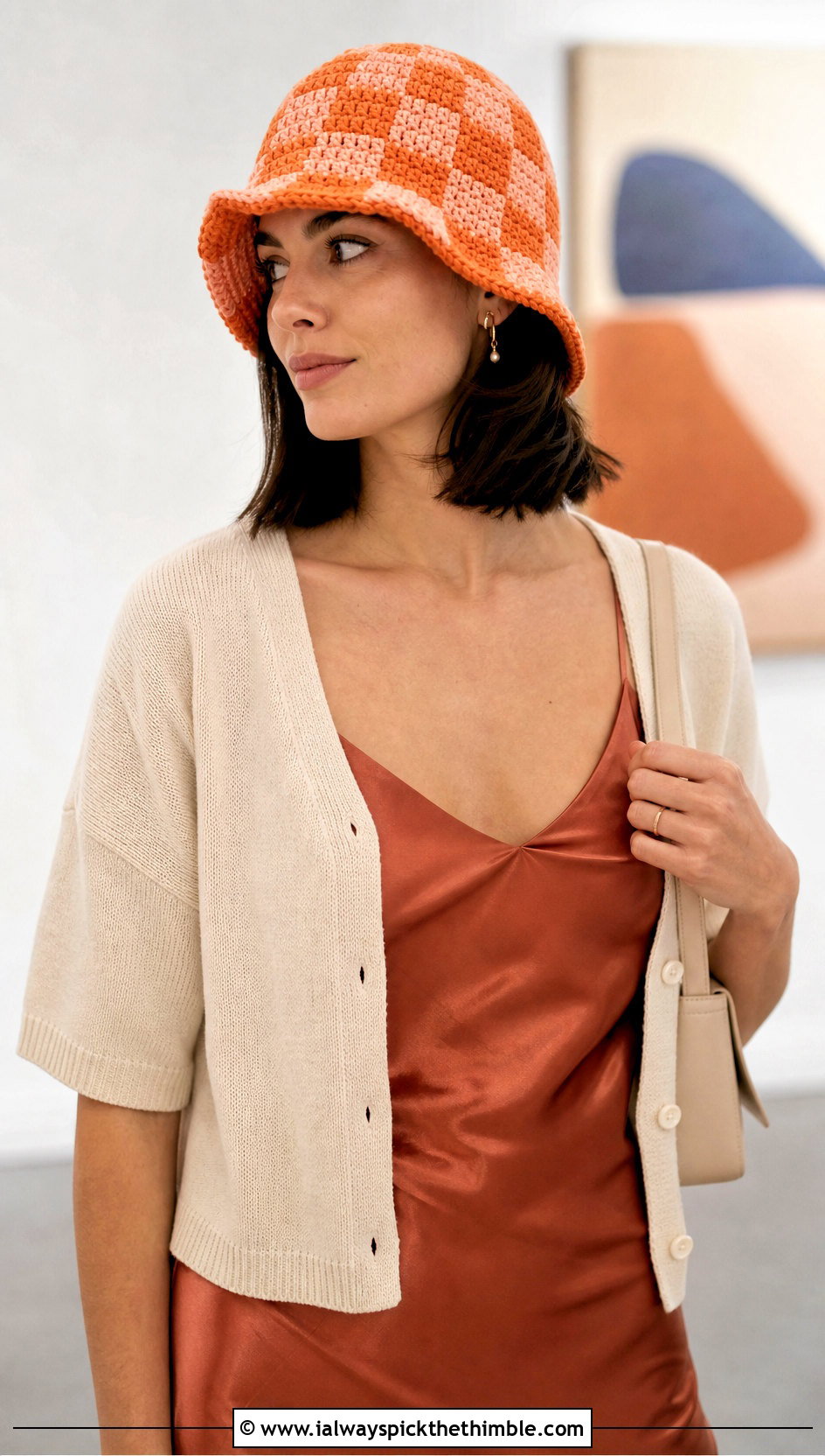 Checkered Crochet Cloche Hat With Slip Dress And Cardigan - 15 Checkered Crochet Hat outfit ideas