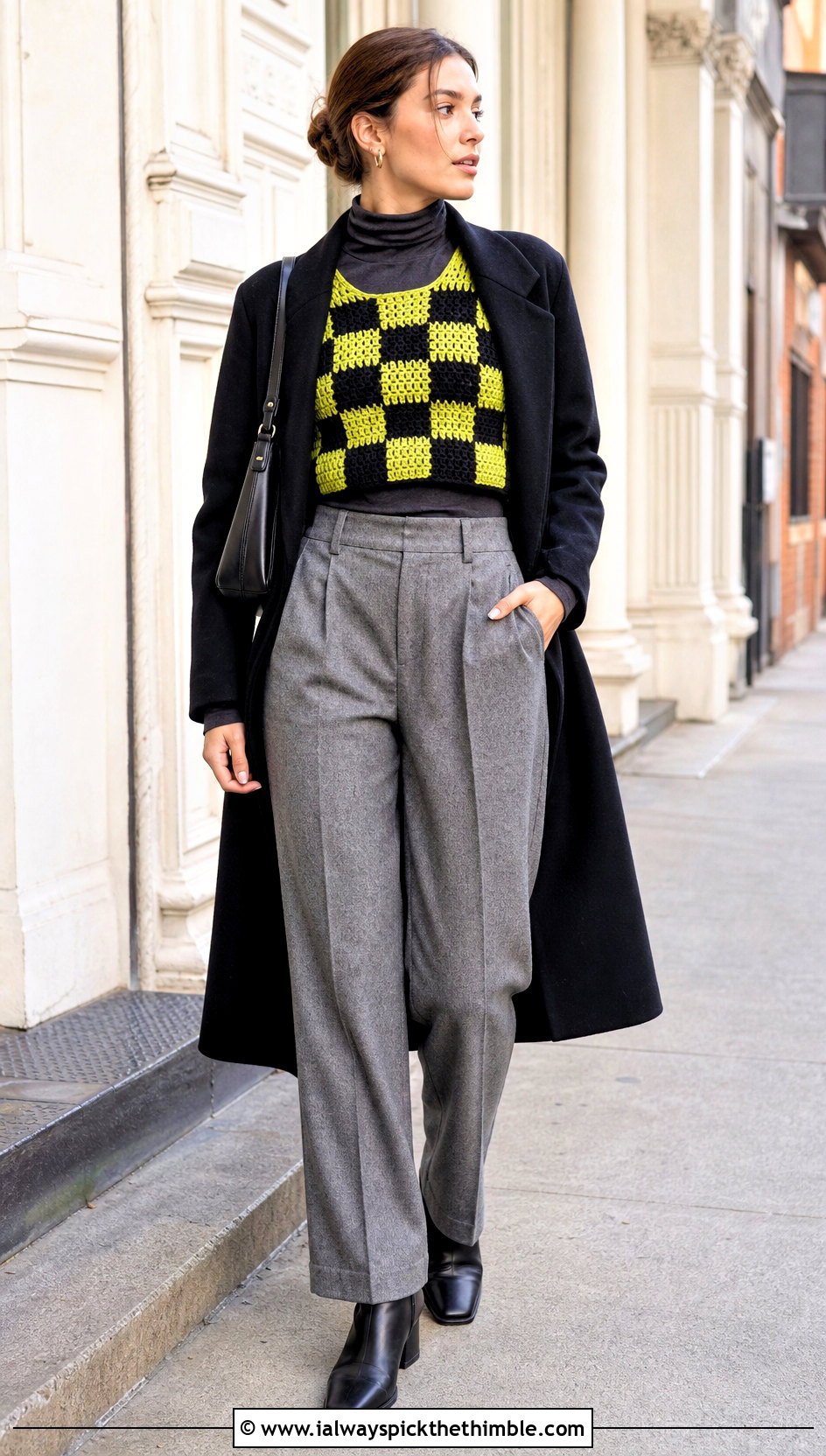 Checkered Crochet Cropped Vest With Turtleneck And Wool Trousers - 15 crochet cropped vest outfit ideas