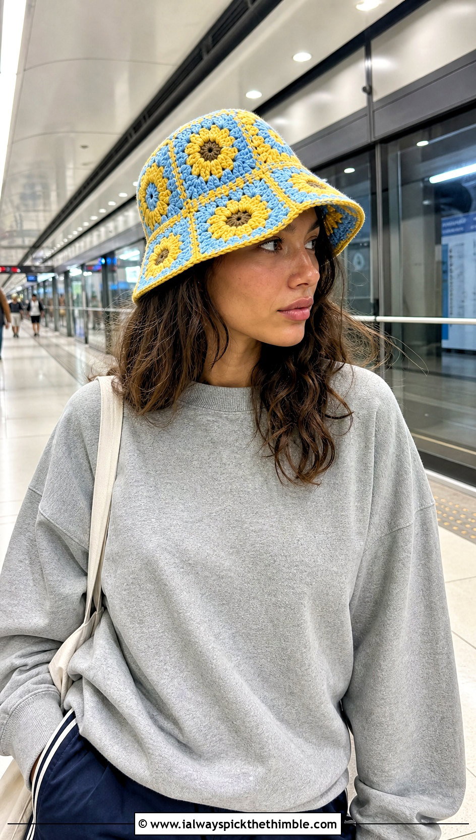 Checkered Crochet Golf Bucket Hat With Sweatshirt And Track Pants - 20 crochet golf hat outfit ideas