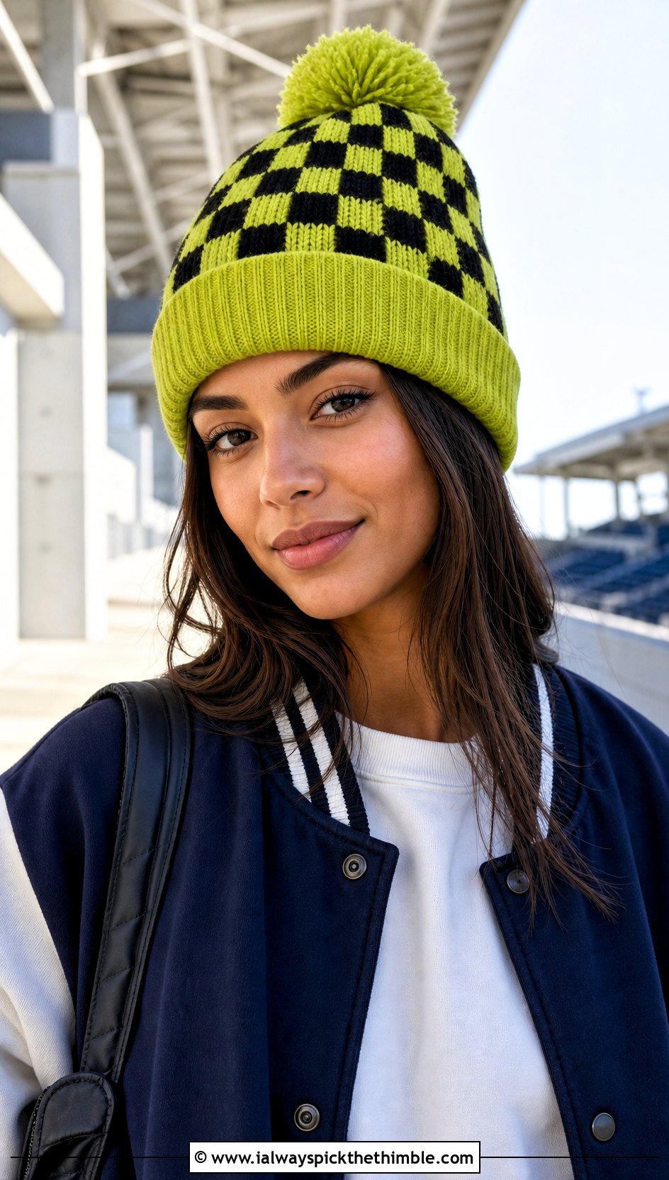 Checkered Crochet Pom Pom Beanie With Varsity Jacket - 20 crochet beanie with pom pom outfit ideas