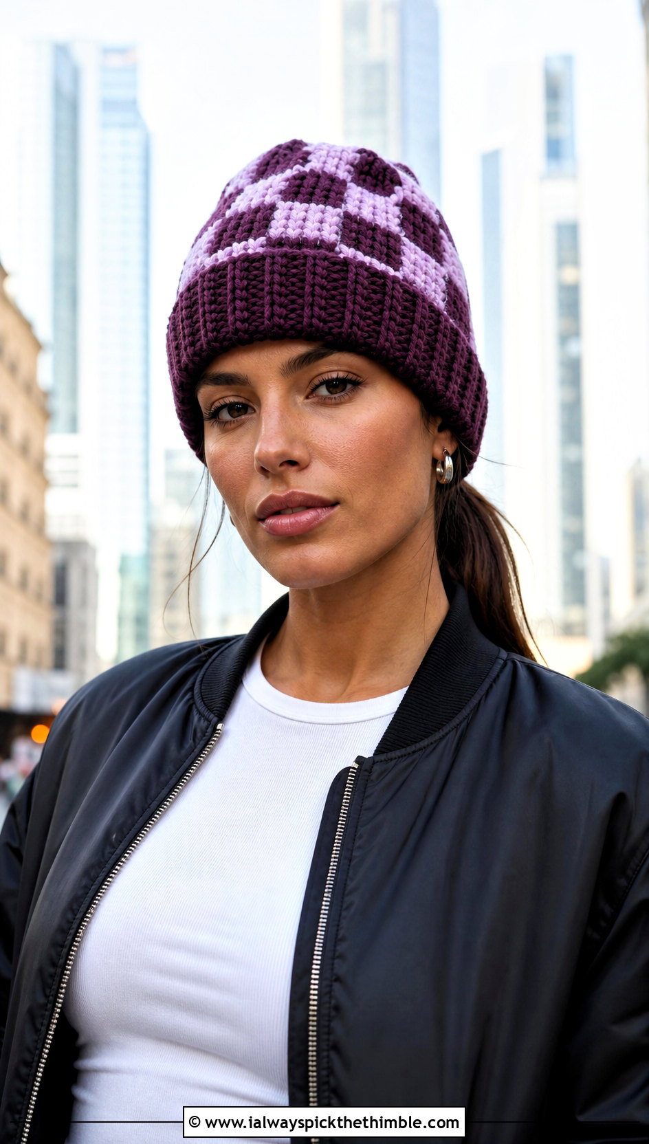 Checkered Crochet Ribbed Beanie With Bomber Jacket - 25 crochet ribbed beanie outfit ideas