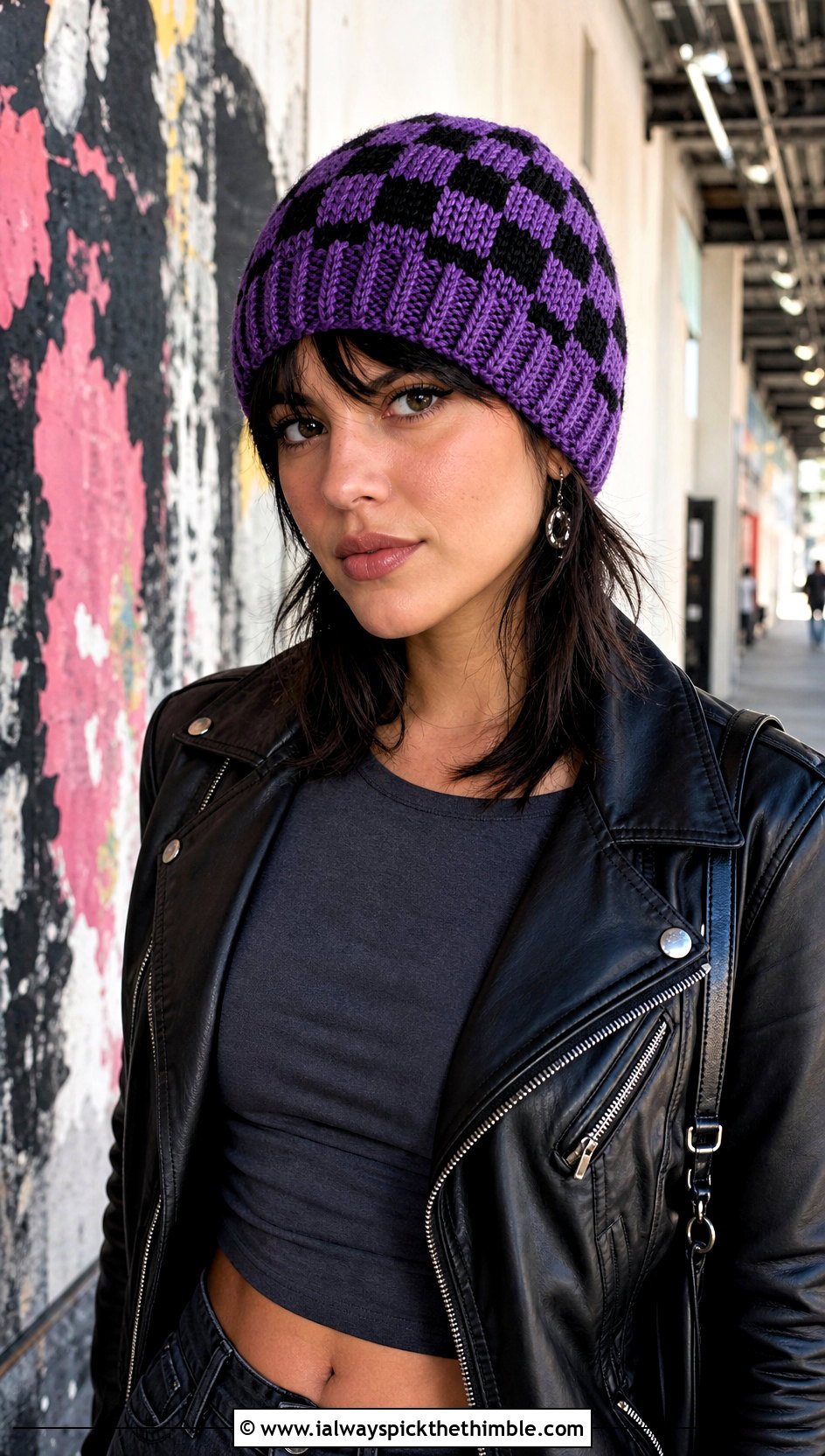 Checkered Crochet Ribbed Hat With Moto Jacket And Mini Skirt - 20 Easy Crochet Ribbed Hat outfit ideas