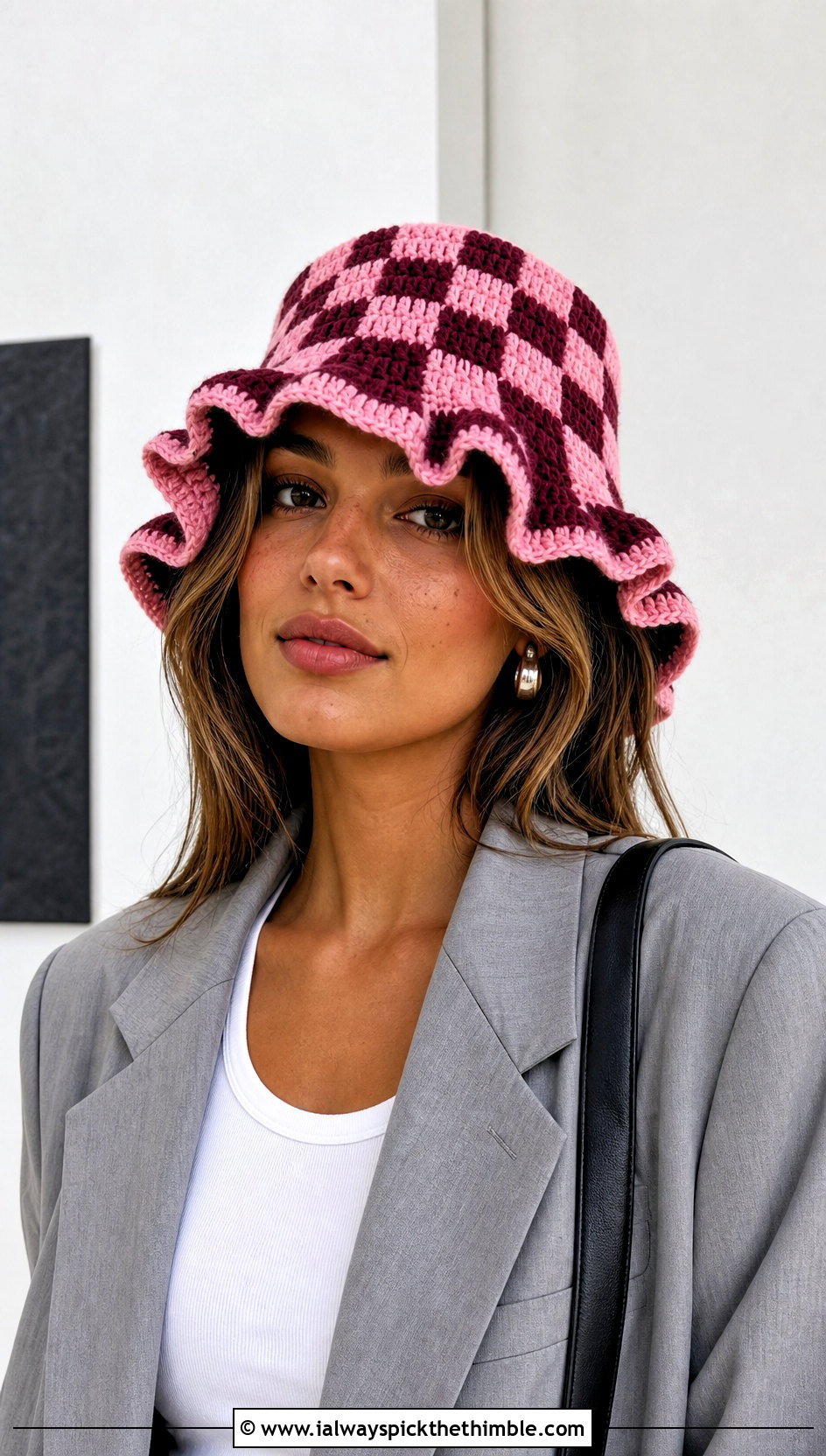 Checkered Crochet Ruffle Bucket Hat With Oversized Blazer - 25 crochet ruffle bucket hat outfit ideas