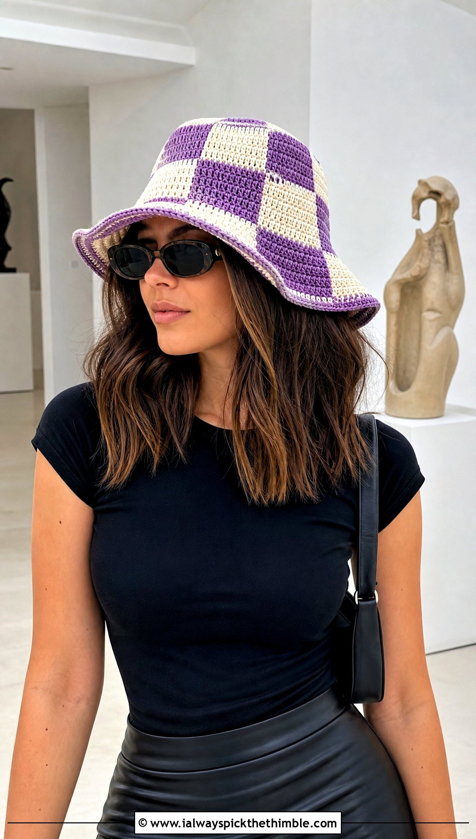 Checkered Crochet Sun Hat With Leather Skirt - 20 Easy Crochet Sun Hat outfit ideas