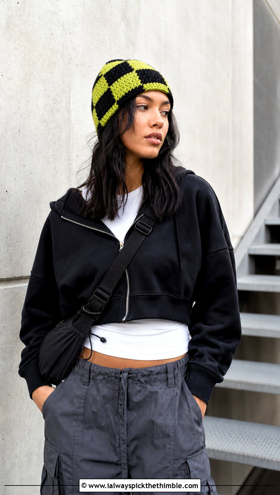 Checkered Knit Look Crochet Beanie With Cargo Pants - 20 knit look crochet beanie outfit ideas