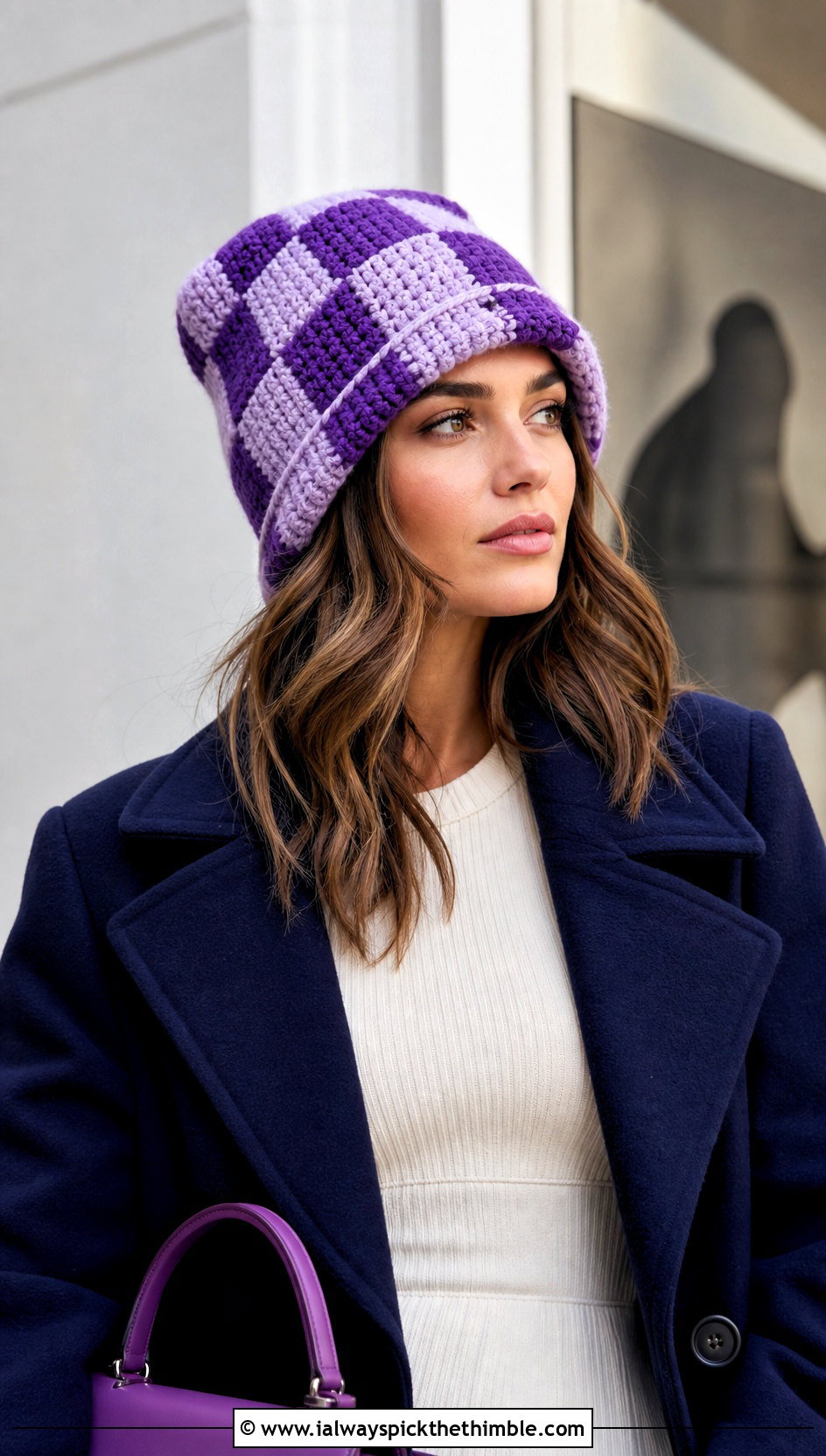 Checkered Large Crochet Beanie With Sweater Dress And Boots - 15 large crochet beanie outfit ideas
