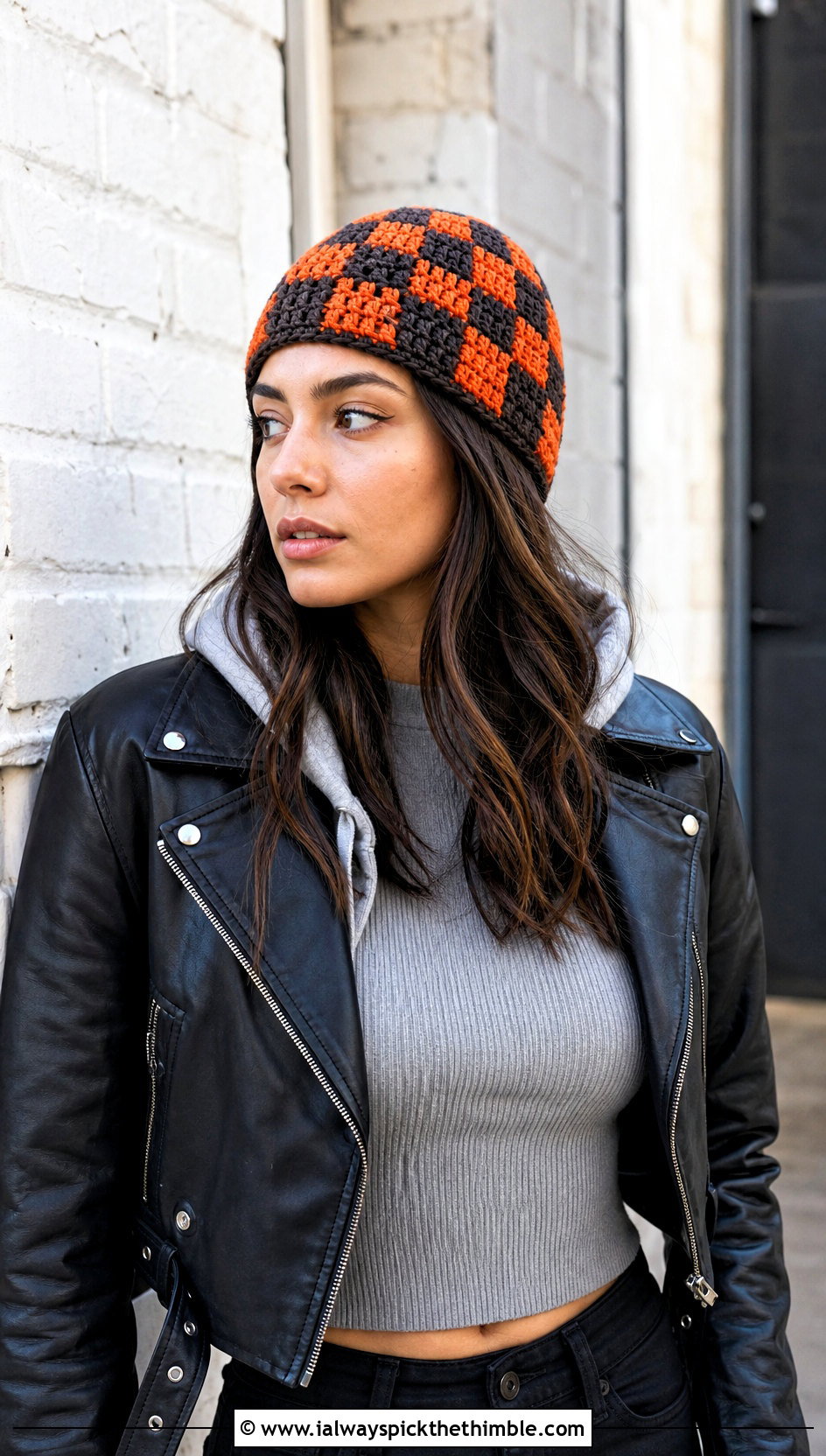Checkered Plaid Crochet Beanie With Leather Jacket - 15 Plaid Crochet Beanie outfit ideas