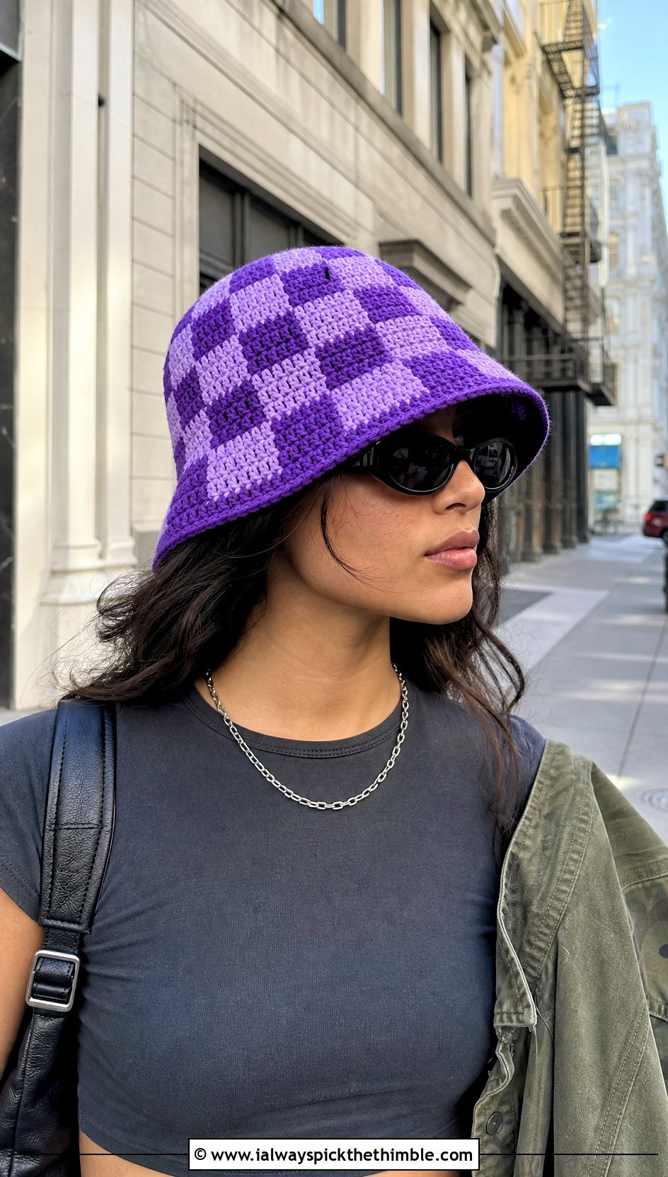Checkered Purple Crochet Bucket Hat With Cargo Pants - 20 purple crochet bucket hat outfit ideas
