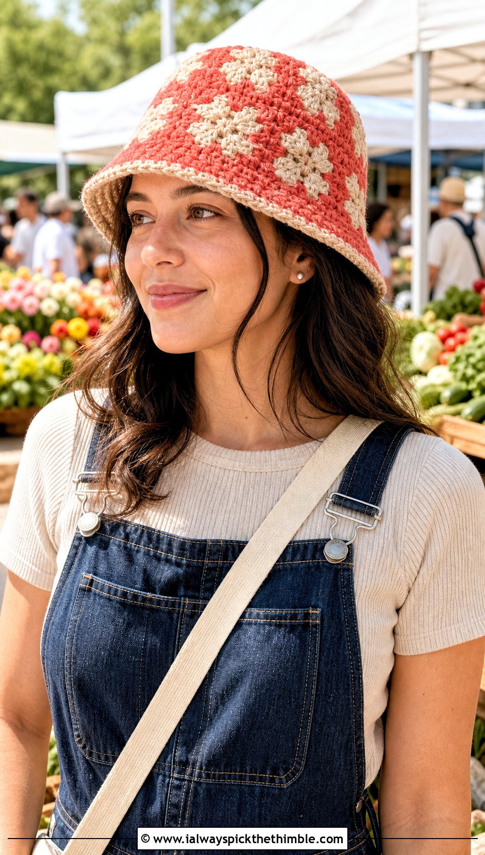 Checkered Red Crochet Bucket Hat With Denim Overalls - 20 red crochet bucket hat outfit ideas