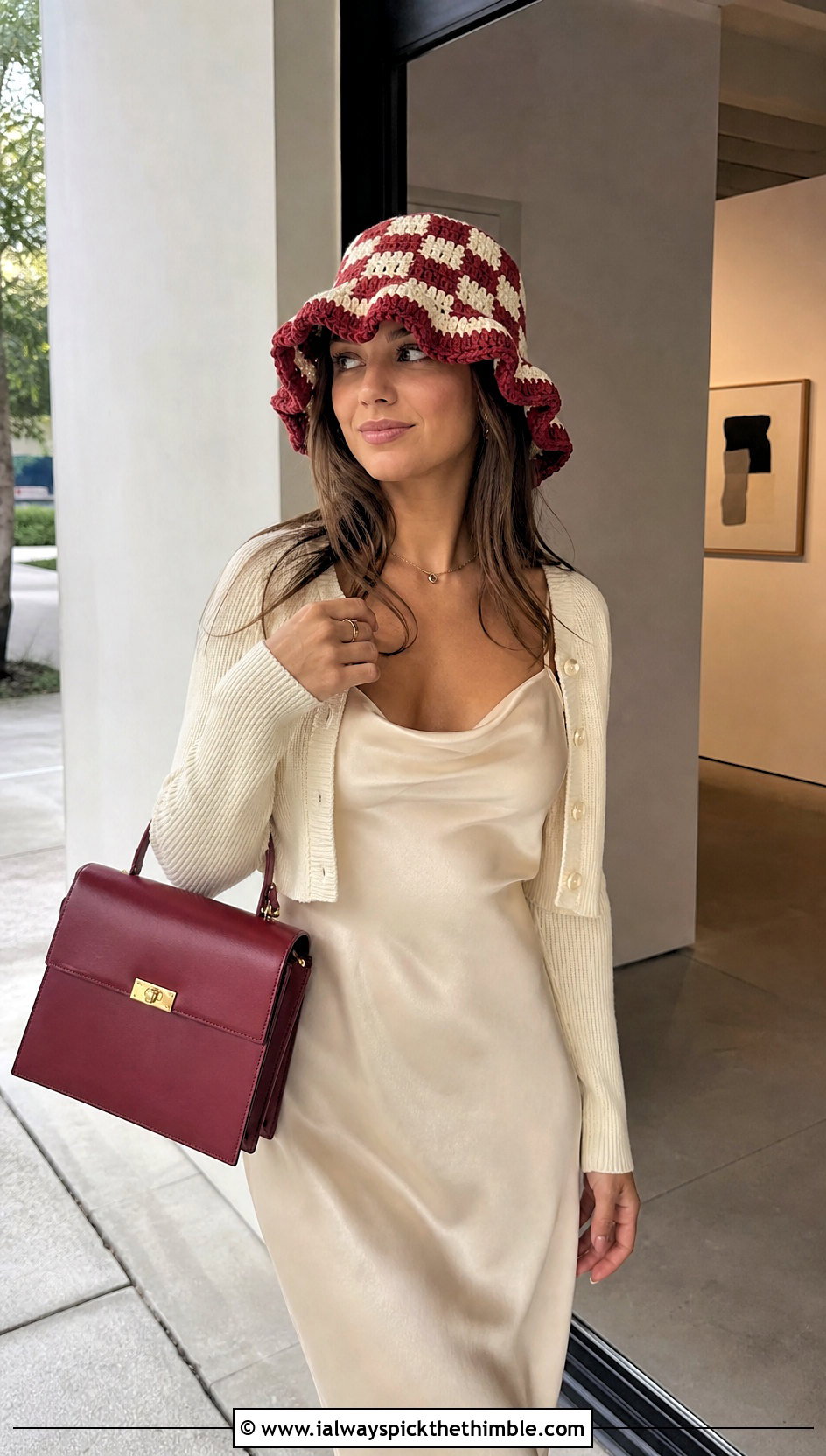 Checkered Ruffle Bucket Hat With Slip Dress - 25 crochet ruffle hat outfit ideas