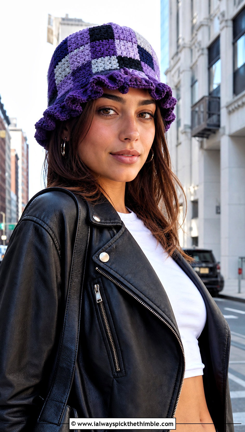 Checkered Ruffle Crochet Bucket Hat With Leather Jacket And Black Jeans - 20 Frilly Crochet Bucket Hat outfit ideas