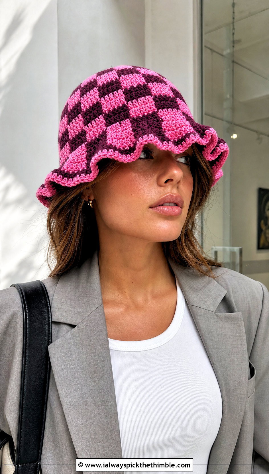 Checkered Ruffle Crochet Bucket Hat With Oversized Blazer - 25 ruffled crochet hat outfit ideas