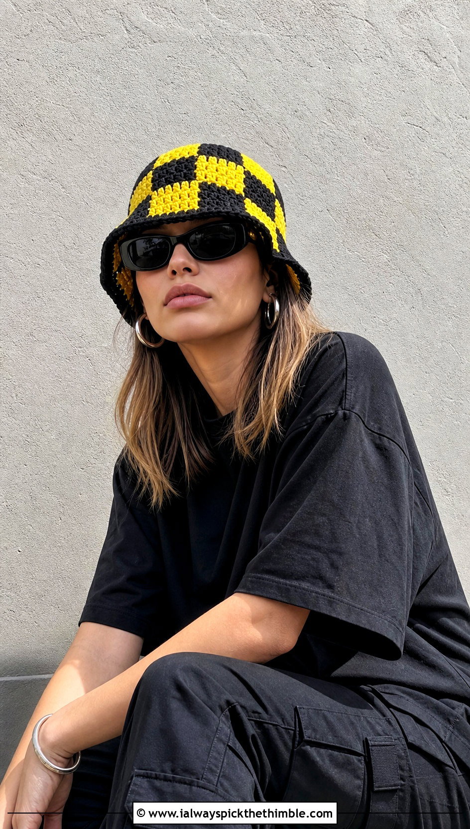 Checkered Yellow Crochet Bucket Hat With Black Streetwear - 20 yellow crochet bucket hat outfit ideas