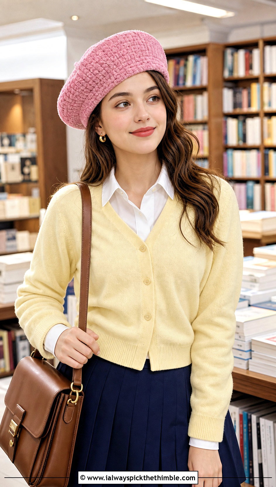 Chenille Beret With Cardigan And Pleated Skirt - 20 crochet chenille hat outfit ideas