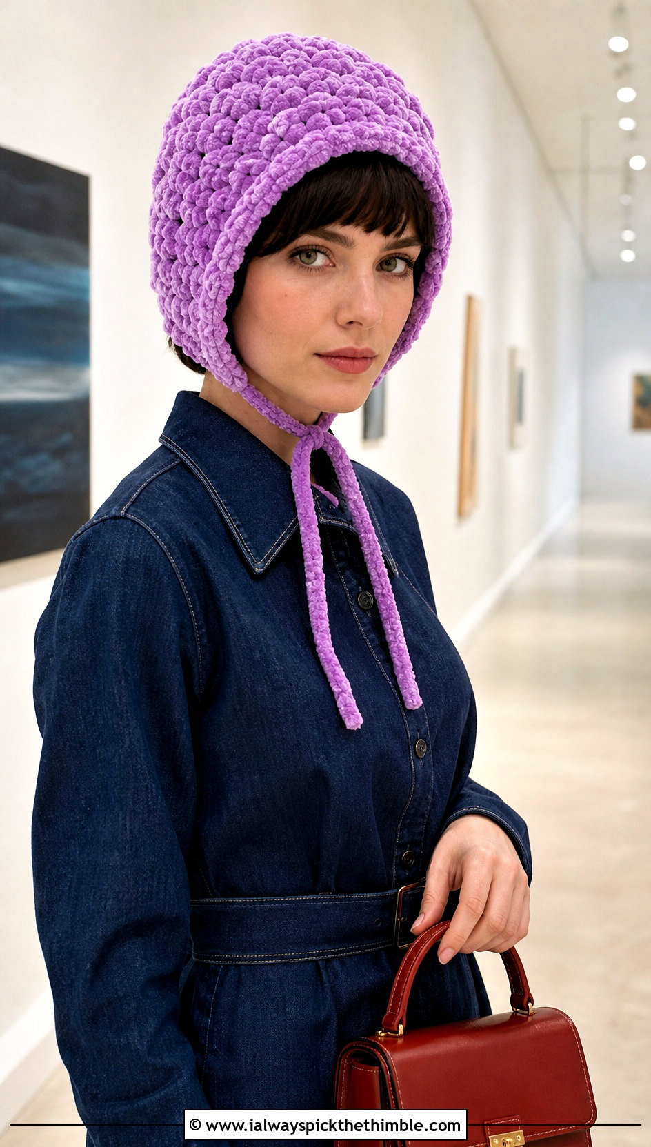 Chenille Bonnet Hat With Denim Dress - 20 crochet chenille hat outfit ideas