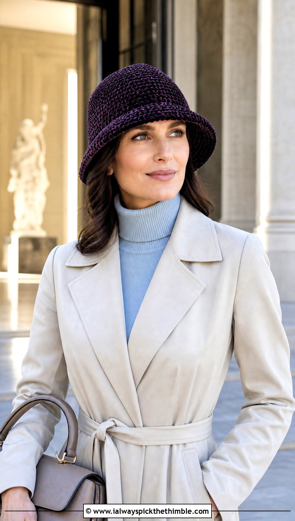 Chenille Cloche Hat With Trench Coat - 20 crochet chenille hat outfit ideas
